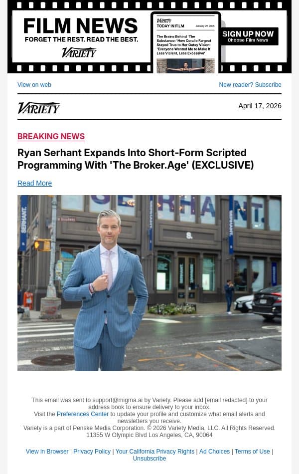 Ryan Serhant Expands Into Short-Form Scripted Programming With 'The Broker.Age' (EXCLUSIVE) email from Variety screenshot