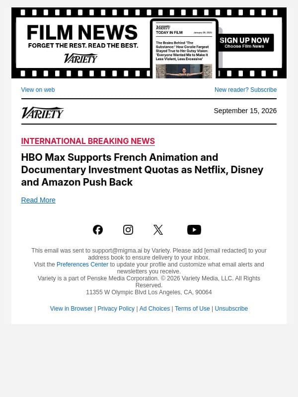 HBO Max Supports French Animation and Documentary Investment Quotas as Netflix, Disney and Amazon Push Back email from Variety screenshot