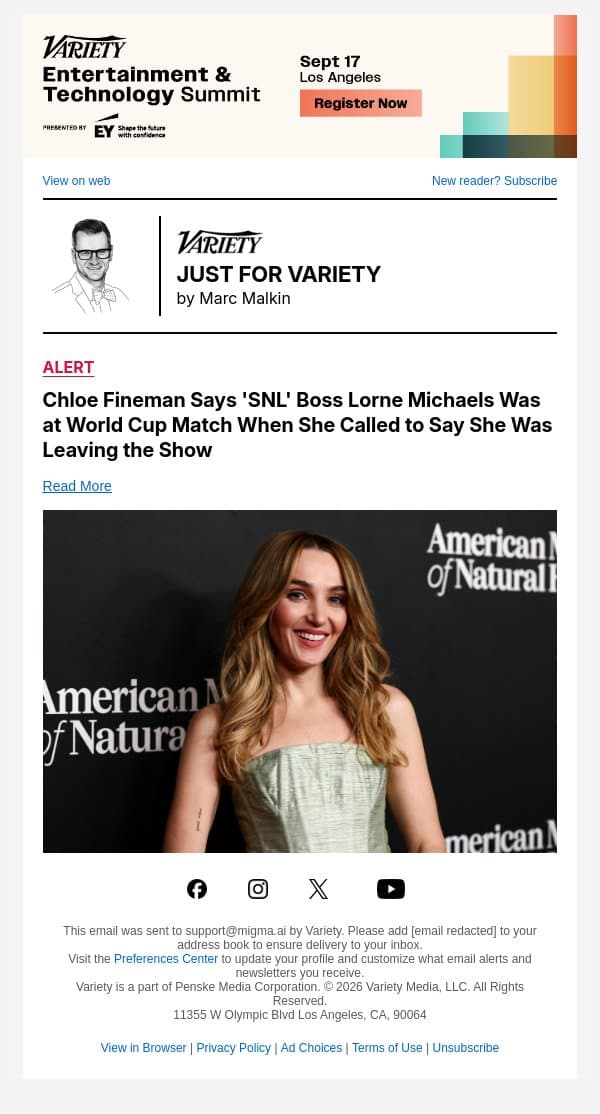 Chloe Fineman Says 'SNL' Boss Lorne Michaels Was at World Cup Match When She Called to Say She Was Leaving the Show email from Variety screenshot
