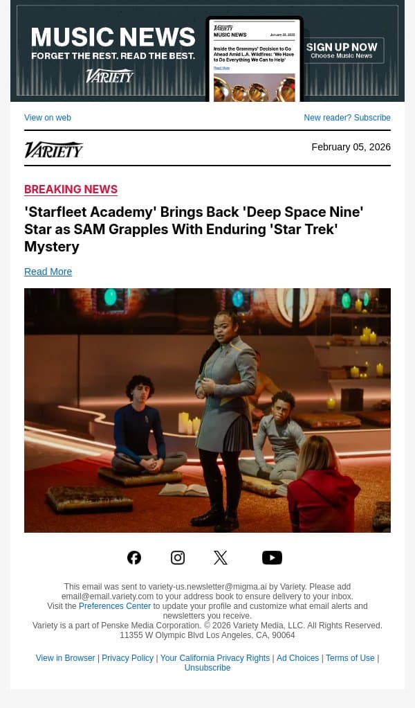'Starfleet Academy' Brings Back 'Deep Space Nine' Star as SAM Grapples With Enduring 'Star Trek' Mystery email from Variety screenshot