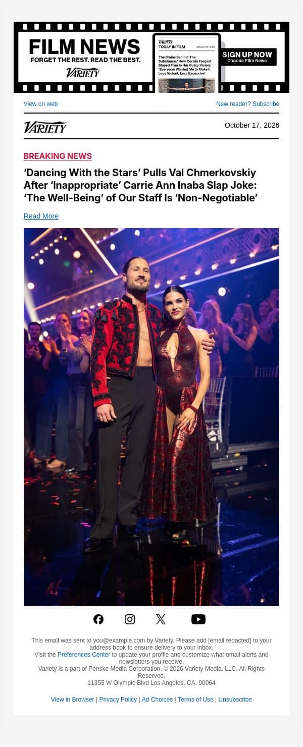 ‘Dancing With the Stars’ Pulls Val Chmerkovskiy After ‘Inappropriate’ Carrie Ann Inaba Slap Joke: ‘The Well-Being’ of Our Staff Is ‘Non-Negotiable’ email from Variety screenshot