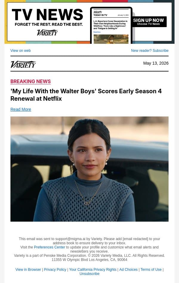 'My Life With the Walter Boys' Scores Early Season 4 Renewal at Netflix email from Variety screenshot
