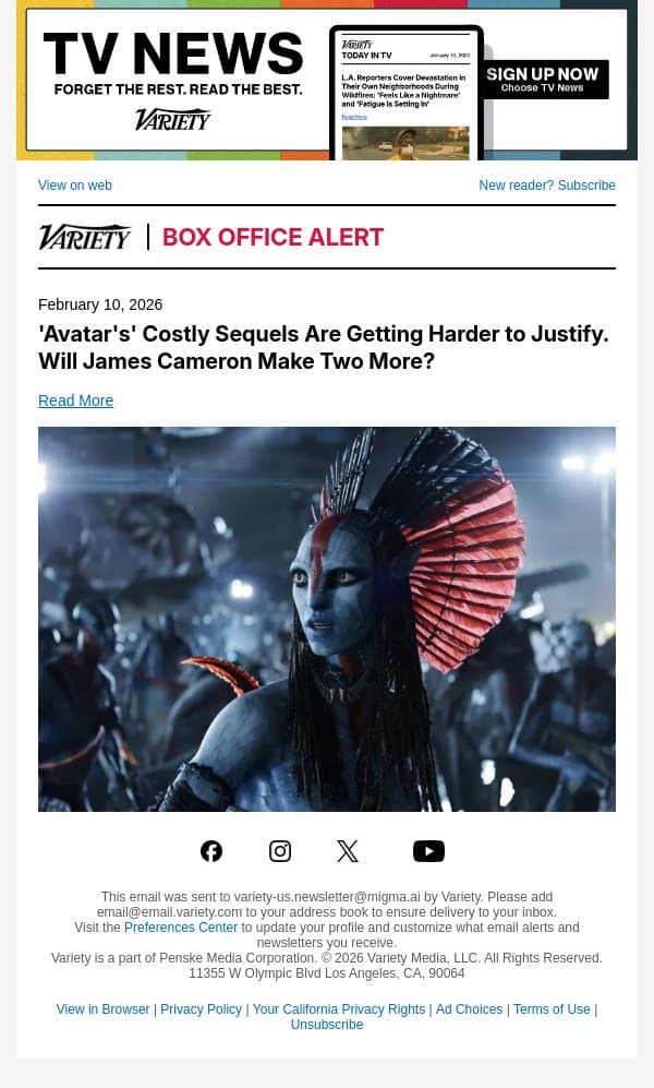 'Avatar's' Costly Sequels Are Getting Harder to Justify. Will James Cameron Make Two More? email from Variety screenshot