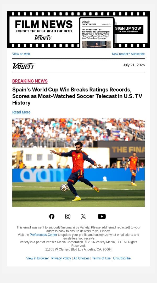Spain's World Cup Win Breaks Ratings Records, Scores as Most-Watched Soccer Telecast in U.S. TV History email from Variety screenshot