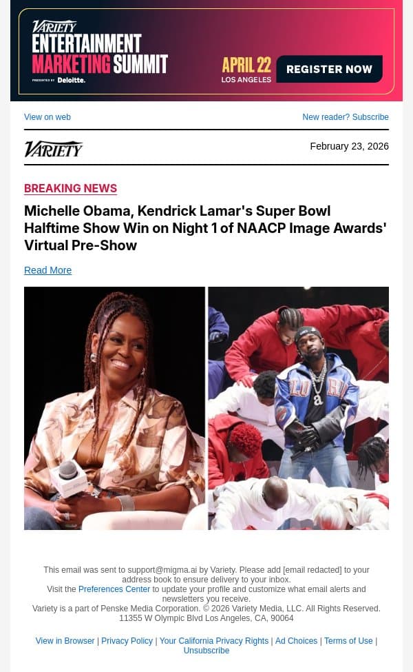 Michelle Obama, Kendrick Lamar's Super Bowl Halftime Show Win on Night 1 of NAACP Image Awards' Virtual Pre-Show email from Variety screenshot