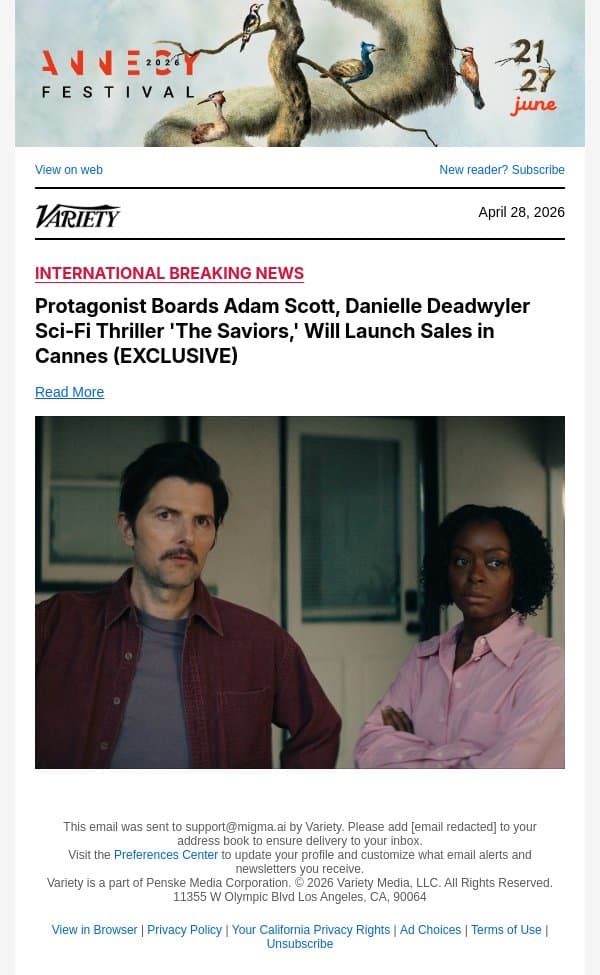 Protagonist Boards Adam Scott, Danielle Deadwyler Sci-Fi Thriller 'The Saviors,' Will Launch Sales in Cannes (EXCLUSIVE) email from Variety screenshot