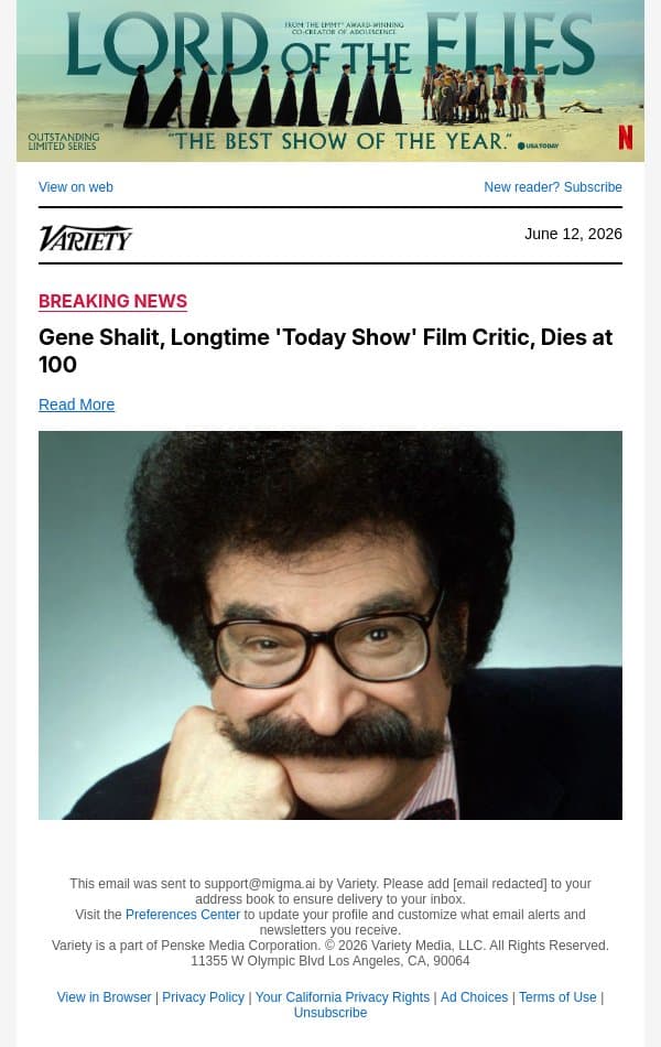 Gene Shalit, Longtime 'Today Show' Film Critic, Dies at 100 email from Variety screenshot