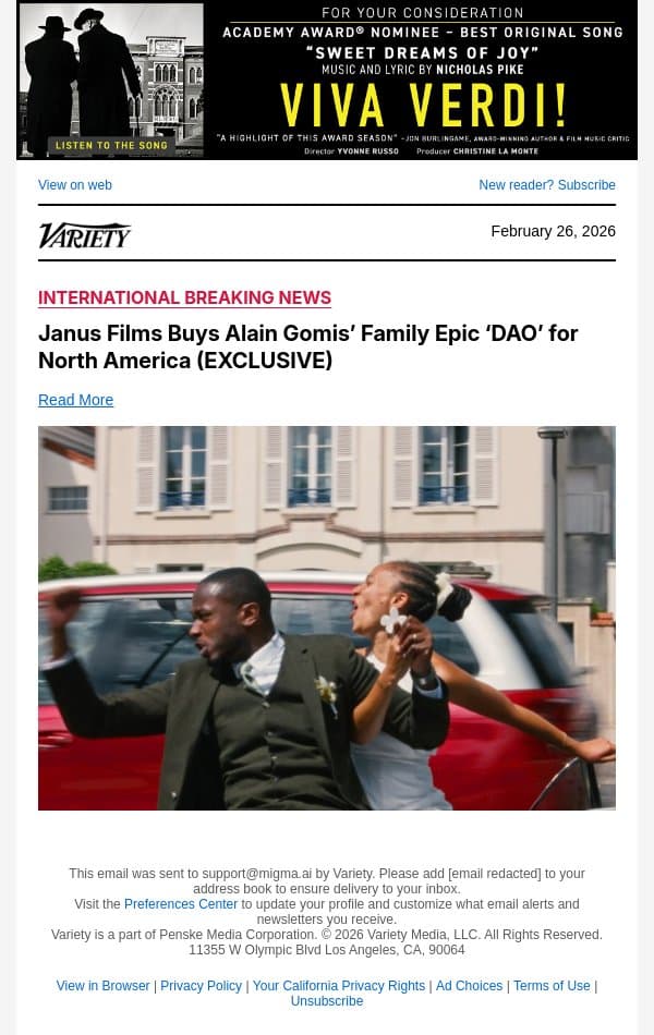 Janus Films Buys Alain Gomis’ Family Epic ‘DAO’ for North America (EXCLUSIVE) email from Variety screenshot