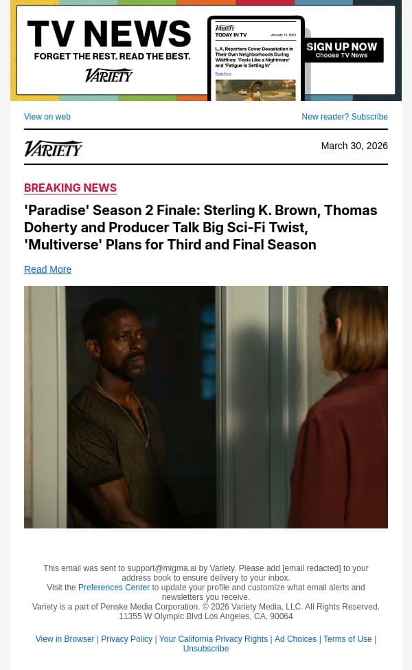 'Paradise' Season 2 Finale: Sterling K. Brown, Thomas Doherty and Producer Talk Big Sci-Fi Twist, 'Multiverse' Plans for Third and Final Season email from Variety screenshot