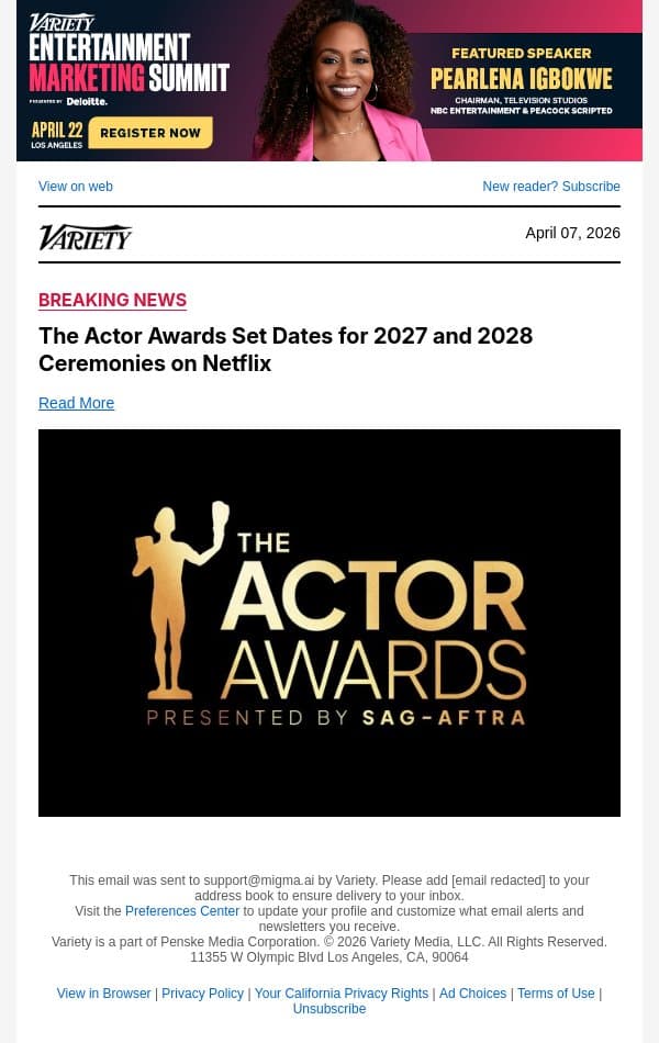 The Actor Awards Set Dates for 2027 and 2028 Ceremonies on Netflix email from Variety screenshot