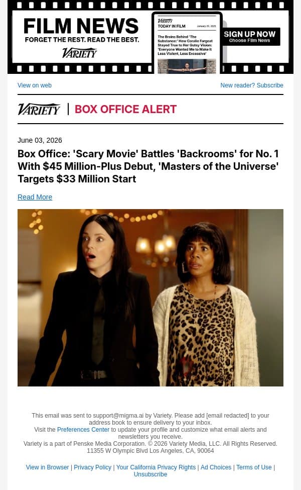 Box Office: 'Scary Movie' Battles 'Backrooms' for No. 1 With $45 Million-Plus Debut, 'Masters of the Universe' Targets $33 Million Start email from Variety screenshot