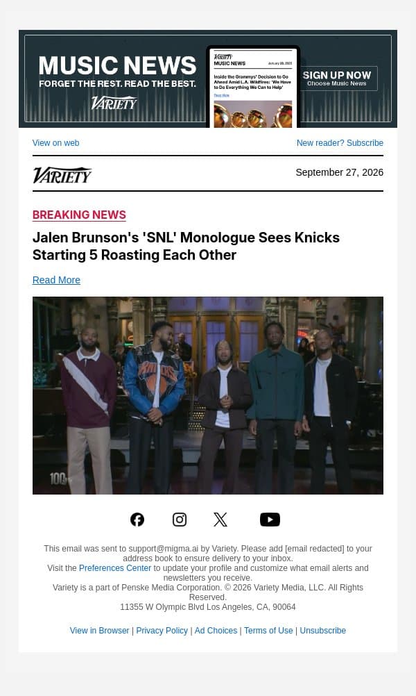 Jalen Brunson's 'SNL' Monologue Sees Knicks Starting 5 Roasting Each Other email from Variety screenshot