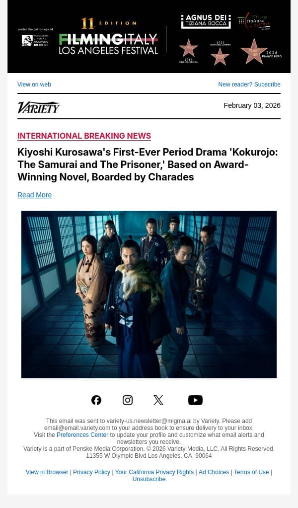 Kiyoshi Kurosawa's First-Ever Period Drama 'Kokurojo: The Samurai and The Prisoner,' Based on Award-Winning Novel, Boarded by Charades email from Variety screenshot