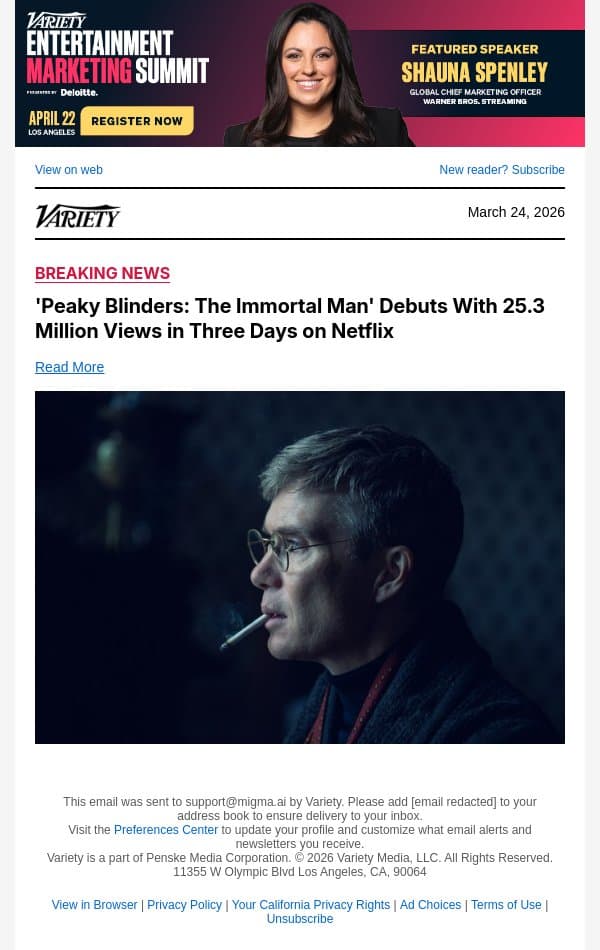 'Peaky Blinders: The Immortal Man' Debuts With 25.3 Million Views in Three Days on Netflix email from Variety screenshot