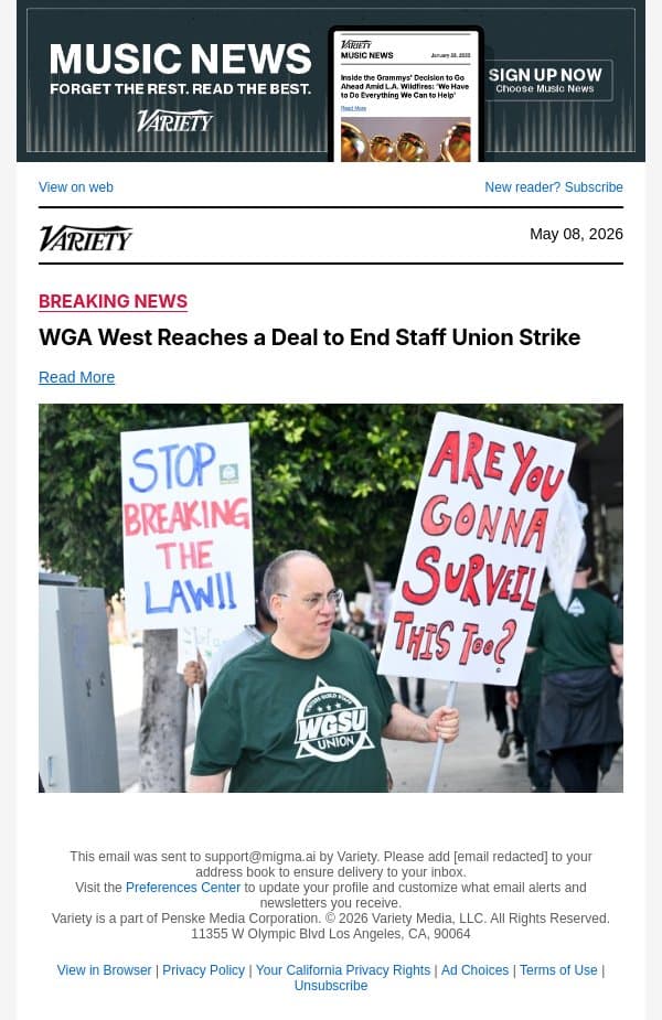 WGA West Reaches a Deal to End Staff Union Strike email from Variety screenshot