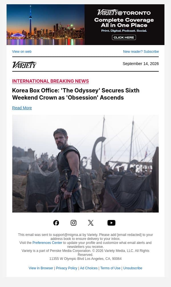 Korea Box Office: 'The Odyssey' Secures Sixth Weekend Crown as 'Obsession' Ascends email from Variety screenshot