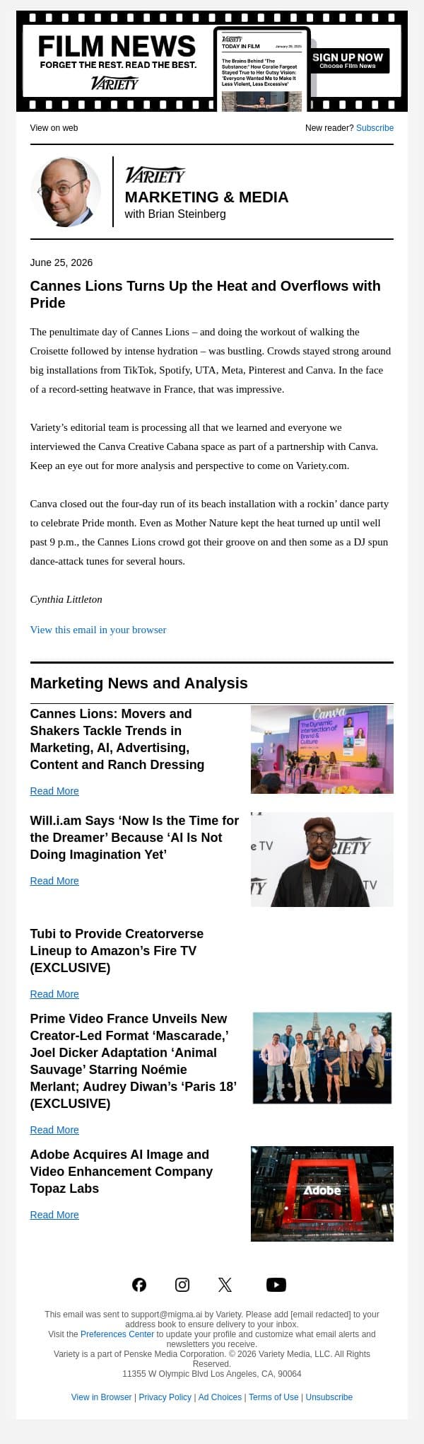 Marketing & Media Newsletter: Cannes Lions Edition – Leaders Talk AI, IRL Experiences and Ranch Dressing; Will.i.am Sees AI's Promise and Limits; Tubi Brings Creatorverse Shows to Fire TV; Adobe Acquires Topaz Labs email from Variety screenshot