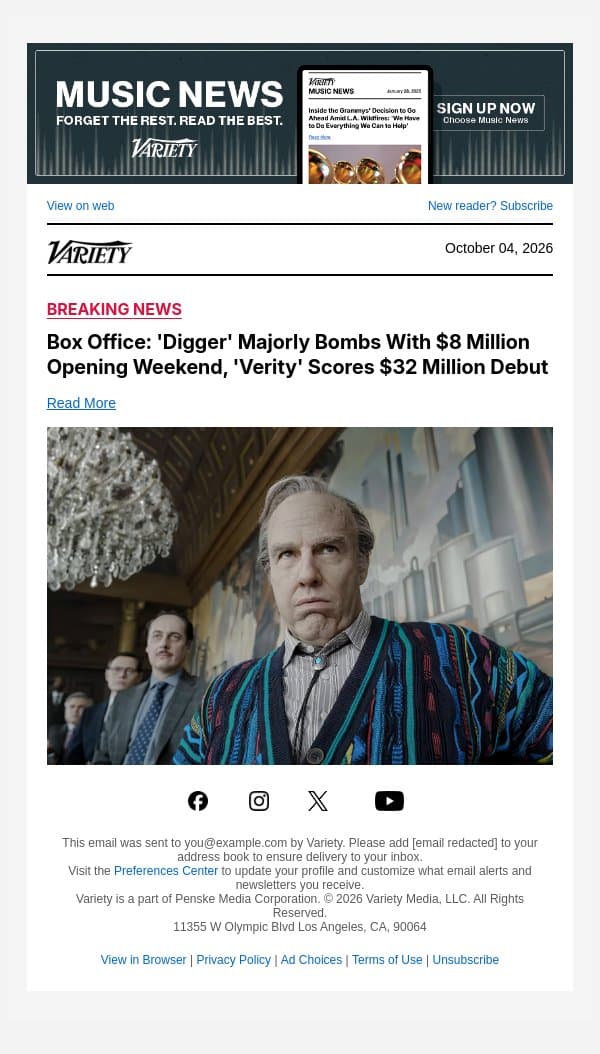 Box Office: 'Digger' Majorly Bombs With $8 Million Opening Weekend, 'Verity' Scores $32 Million Debut email from Variety screenshot