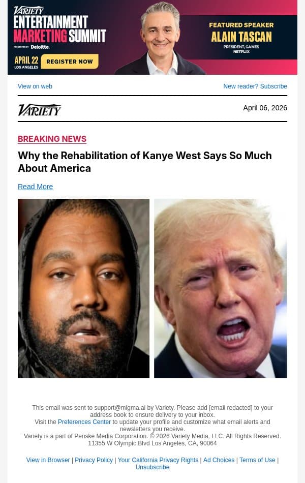 Why the Rehabilitation of Kanye West Says So Much About America email from Variety screenshot