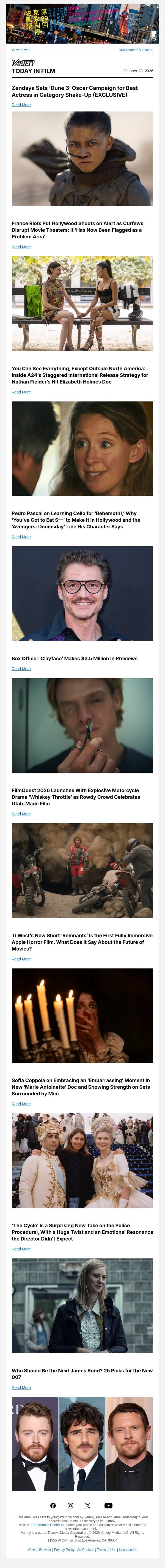 Zendaya's 'Dune 3' Oscar Campaign; French Protests Keep Industry on Alert; 'YCSE' International Rollout email from Variety screenshot