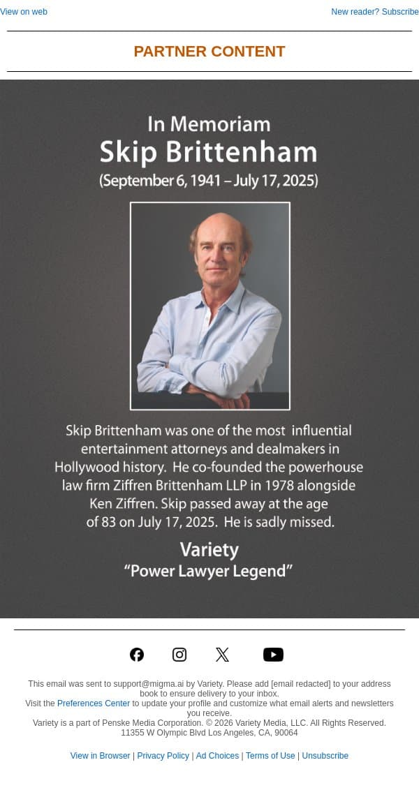 Honoring Skip Brittenham’s Memory email from Variety screenshot