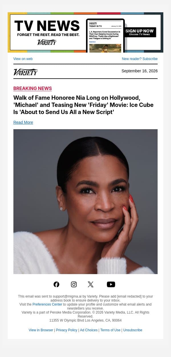 Walk of Fame Honoree Nia Long on Hollywood, 'Michael' and Teasing New 'Friday' Movie: Ice Cube Is 'About to Send Us All a New Script' email from Variety screenshot
