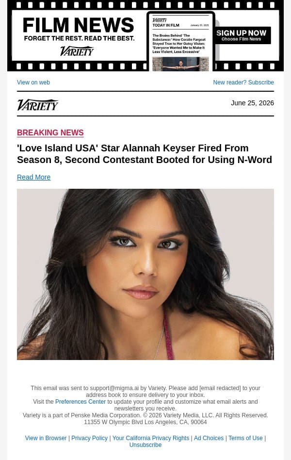 'Love Island USA' Star Alannah Keyser Fired From Season 8, Second Contestant Booted for Using N-Word email from Variety screenshot