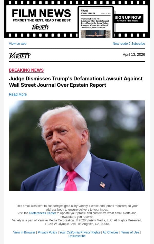 Judge Dismisses Trump's Defamation Lawsuit Against Wall Street Journal Over Epstein Report email from Variety screenshot