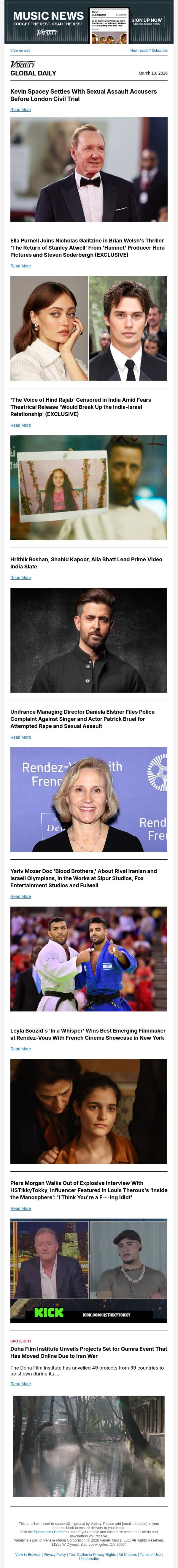 Kevin Spacey Avoids Trial; Ella Purnell's Next Film; 'Voice of Hind Rajab' Censored in India email from Variety screenshot