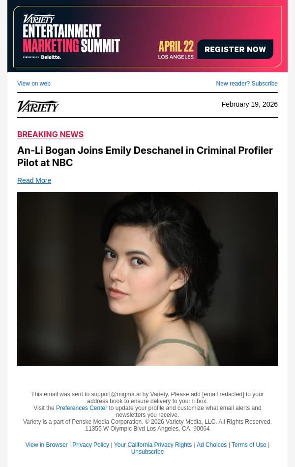 An-Li Bogan Joins Emily Deschanel in Criminal Profiler Pilot at NBC email from Variety screenshot