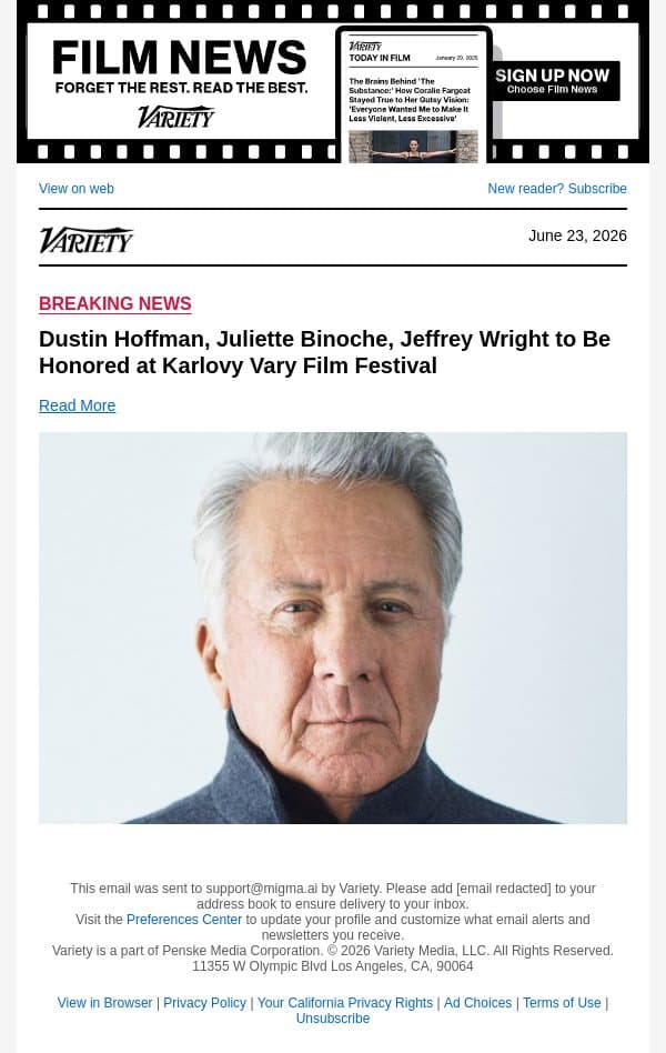 Dustin Hoffman, Juliette Binoche, Jeffrey Wright to Be Honored at Karlovy Vary Film Festival email from Variety screenshot