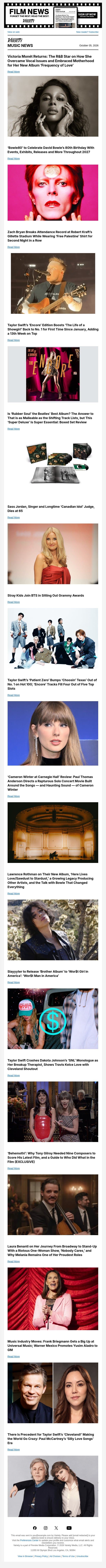 Victoria Monét on Her New Album; Zach Bryan Sets House Record While Wearing Palestine Shirt; Beatles' 'Rubber Soul' Box Reviewed email from Variety screenshot