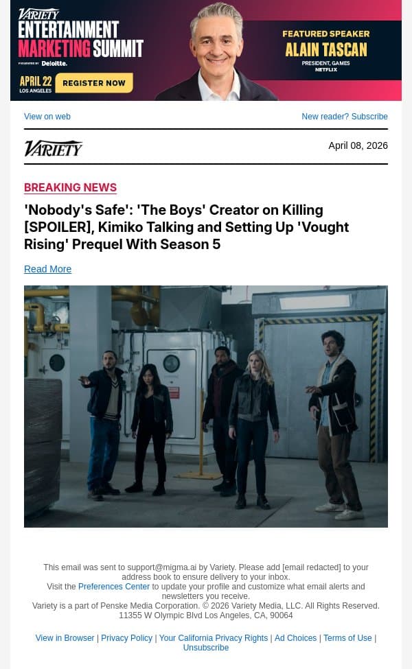 'Nobody's Safe': 'The Boys' Creator on Killing [SPOILER], Kimiko Talking and Setting Up 'Vought Rising' Prequel With Season 5 email from Variety screenshot