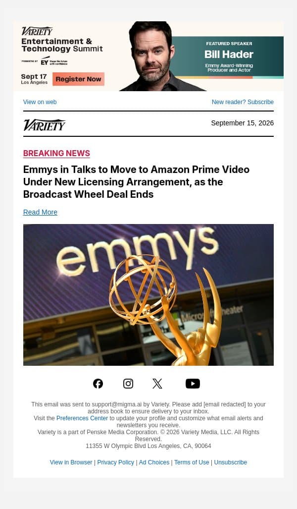 Emmys in Talks to Move to Amazon Prime Video Under New Licensing Arrangement, as the Broadcast Wheel Deal Ends email from Variety screenshot