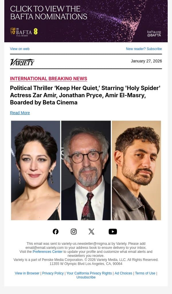 Political Thriller ‘Keep Her Quiet,’ Starring 'Holy Spider' Actress Zar Amir, Jonathan Pryce, Amir El-Masry, Boarded by Beta Cinema email from Variety screenshot
