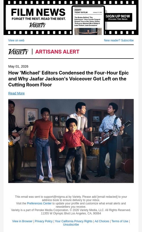How 'Michael' Editors Condensed the Four-Hour Epic and Why Jaafar Jackson's Voiceover Got Left on the Cutting Room Floor email from Variety screenshot