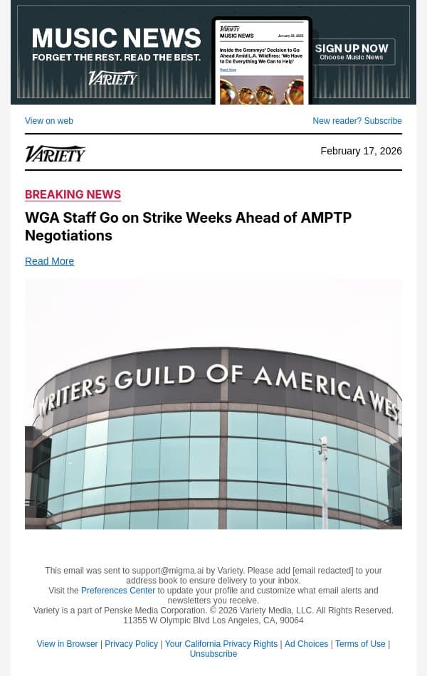 WGA Staff Go on Strike Weeks Ahead of AMPTP Negotiations email from Variety screenshot