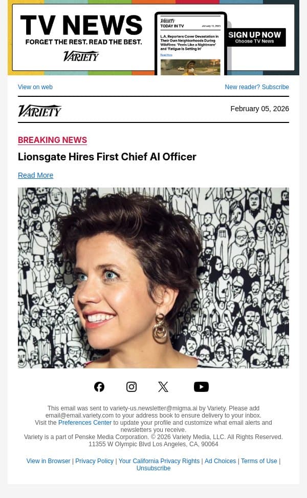 Lionsgate Hires First Chief AI Officer email from Variety screenshot