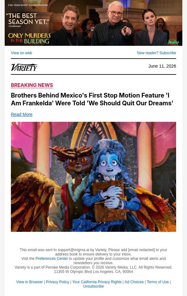 Brothers Behind Mexico's First Stop Motion Feature 'I Am Frankelda' Were Told 'We Should Quit Our Dreams' email from Variety screenshot