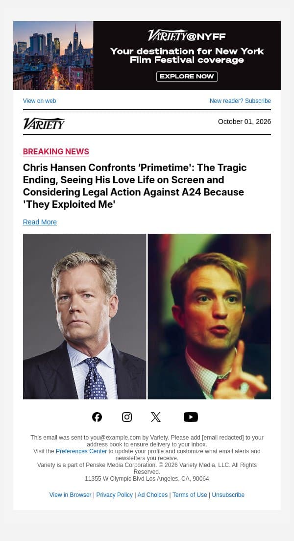 Chris Hansen Confronts ‘Primetime': The Tragic Ending, Seeing His Love Life on Screen and Considering Legal Action Against A24 Because 'They Exploited Me' email from Variety screenshot
