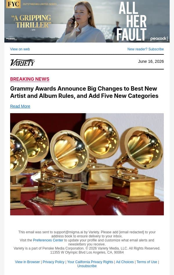 Grammy Awards Announce Big Changes to Best New Artist and Album Rules, and Add Five New Categories email from Variety screenshot