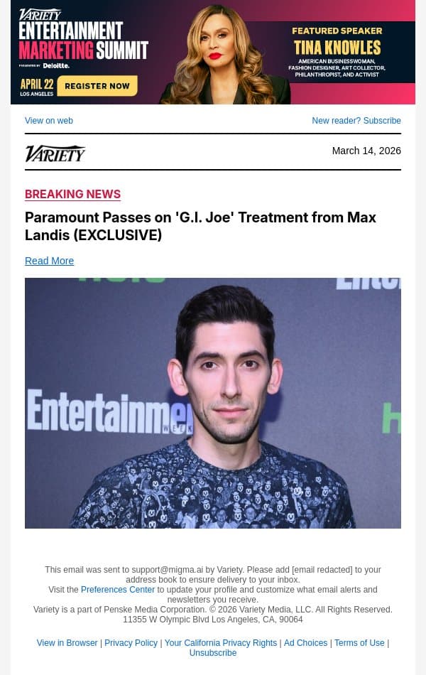 Paramount Passes on 'G.I. Joe' Treatment from Max Landis (EXCLUSIVE) email from Variety screenshot