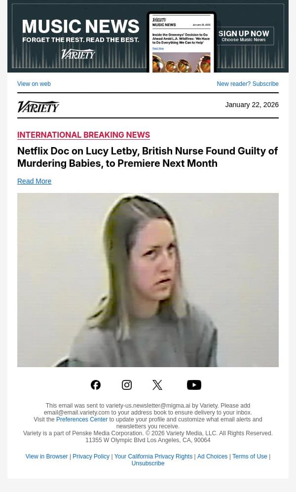 Netflix Doc on Lucy Letby, British Nurse Found Guilty of Murdering Babies, to Premiere Next Month email from Variety screenshot
