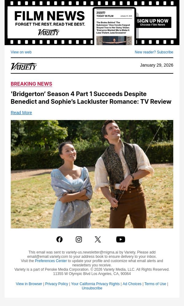 'Bridgerton’ Season 4 Part 1 Succeeds Despite Benedict and Sophie’s Lackluster Romance: TV Review email from Variety screenshot