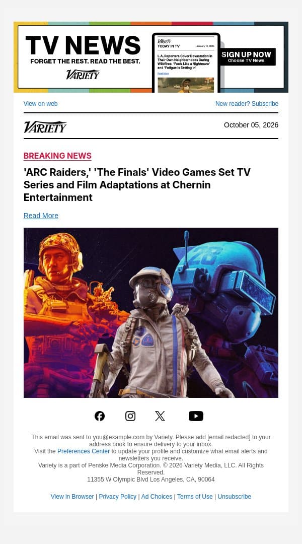 'ARC Raiders,' 'The Finals' Video Games Set TV Series and Film Adaptations at Chernin Entertainment email from Variety screenshot