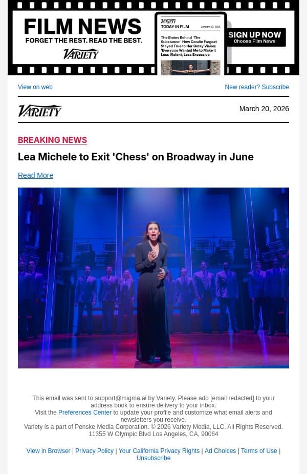 Lea Michele to Exit 'Chess' on Broadway in June email from Variety screenshot