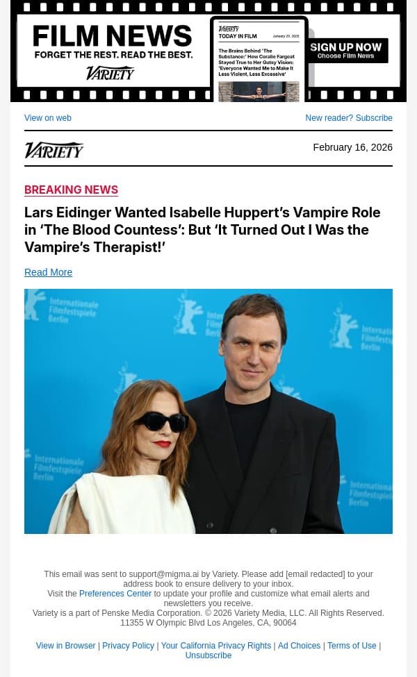 Lars Eidinger Wanted Isabelle Huppert’s Vampire Role in ‘The Blood Countess’: But ‘It Turned Out I Was the Vampire’s Therapist!’ email from Variety screenshot