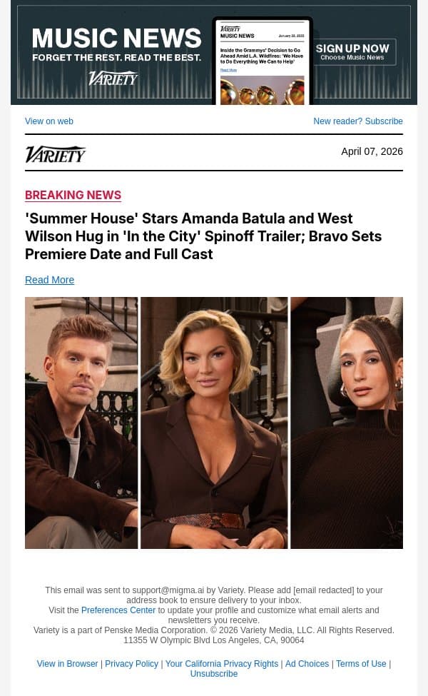 'Summer House' Stars Amanda Batula and West Wilson Hug in 'In the City' Spinoff Trailer; Bravo Sets Premiere Date and Full Cast email from Variety screenshot
