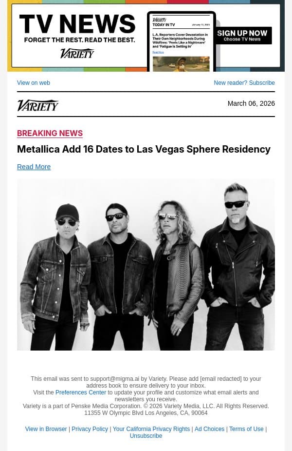 Metallica Add 16 Dates to Las Vegas Sphere Residency email from Variety screenshot