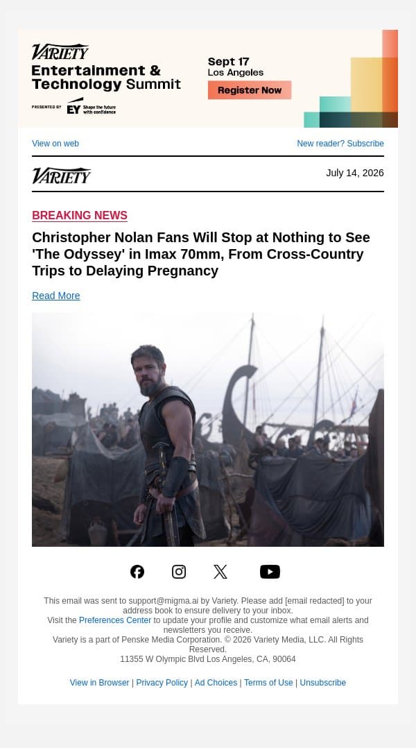 Christopher Nolan Fans Will Stop at Nothing to See 'The Odyssey' in Imax 70mm, From Cross-Country Trips to Delaying Pregnancy email from Variety screenshot